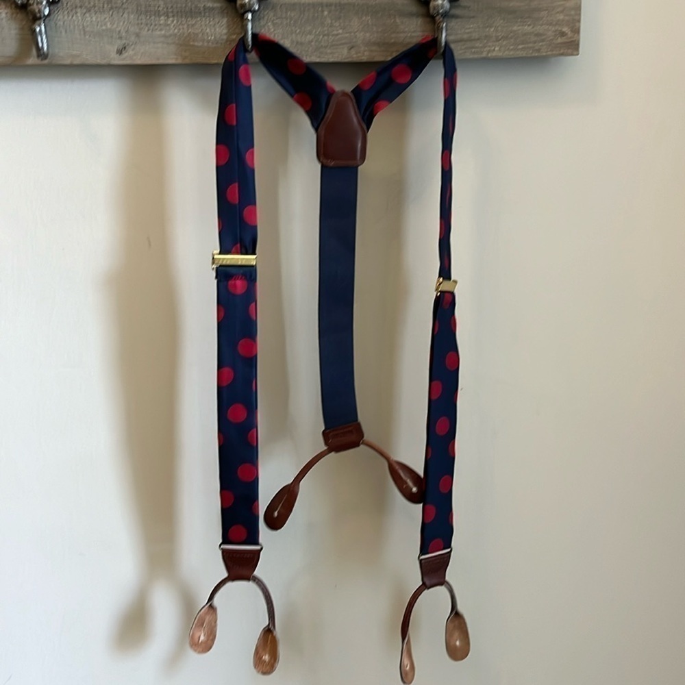 Perry Ellis Portfolio Suspenders Polka Dots Leather Fasteners Brass Clips